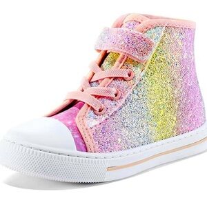 Sparkly Pink and Yellow Kids High-Top Sneakers Sz 13